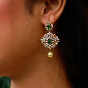 Statement Diamond Look Earrings with Green and Gold Accents