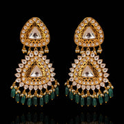 Statement Polki Kundan Chandbali Earrings with Emerald Bead Drops – Gold Plated Bridal Design