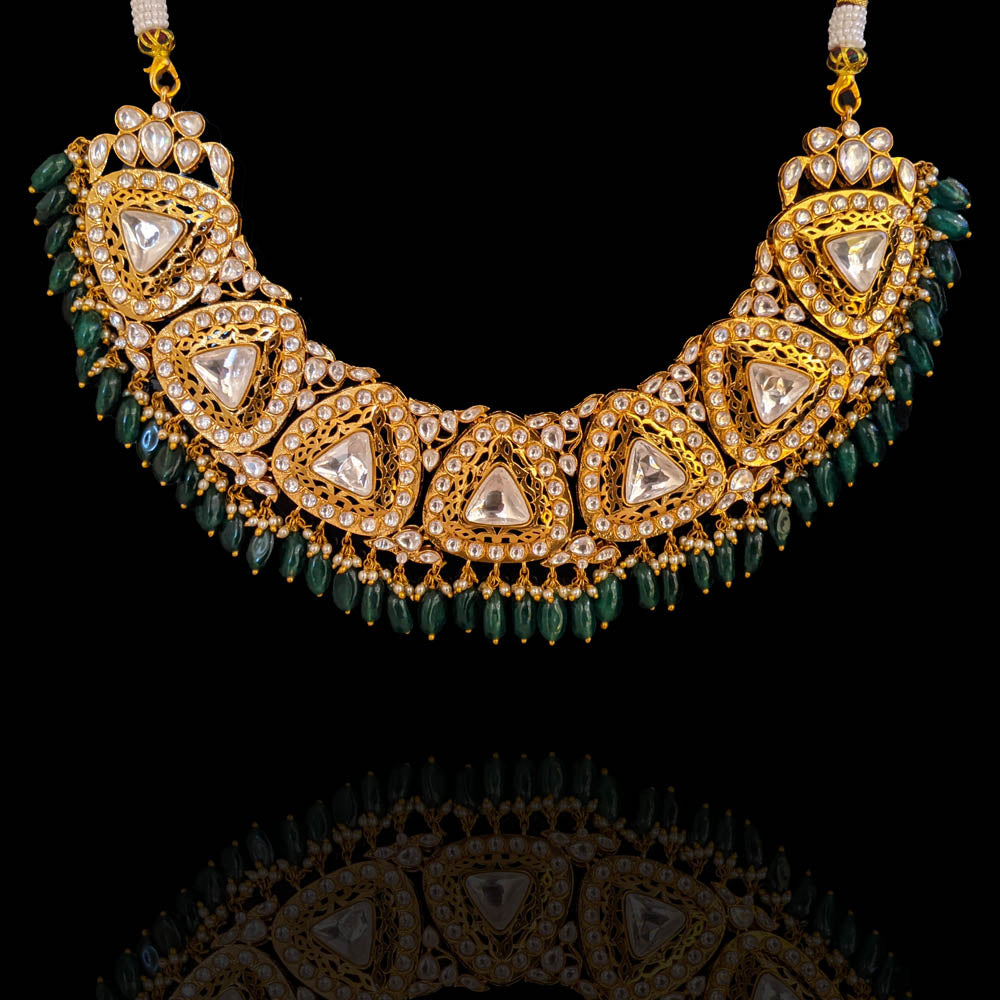 Statement Polki Kundan Chandbali Earrings + Necklace Set with Emerald Bead Drops – Gold Plated Bridal Design