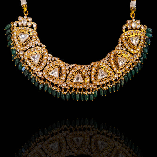 Statement Polki Kundan Chandbali Earrings + Necklace Set with Emerald Bead Drops – Gold Plated Bridal Design