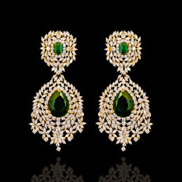 Stunning Heavy Diamond Emerald Look Earrings – Modern Bridal Jewelry