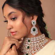 Floral CZ Diamond Short Necklace + Earrings with Emerald Green Stone
