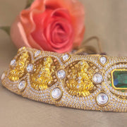 Temple Choker Necklace with Lakshmi Motifs and Green Emerald Center Stone