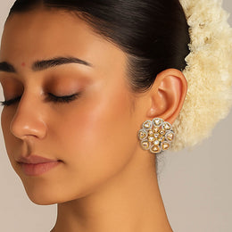 Timeless Polki Flower Stud Earrings in Gold Finish