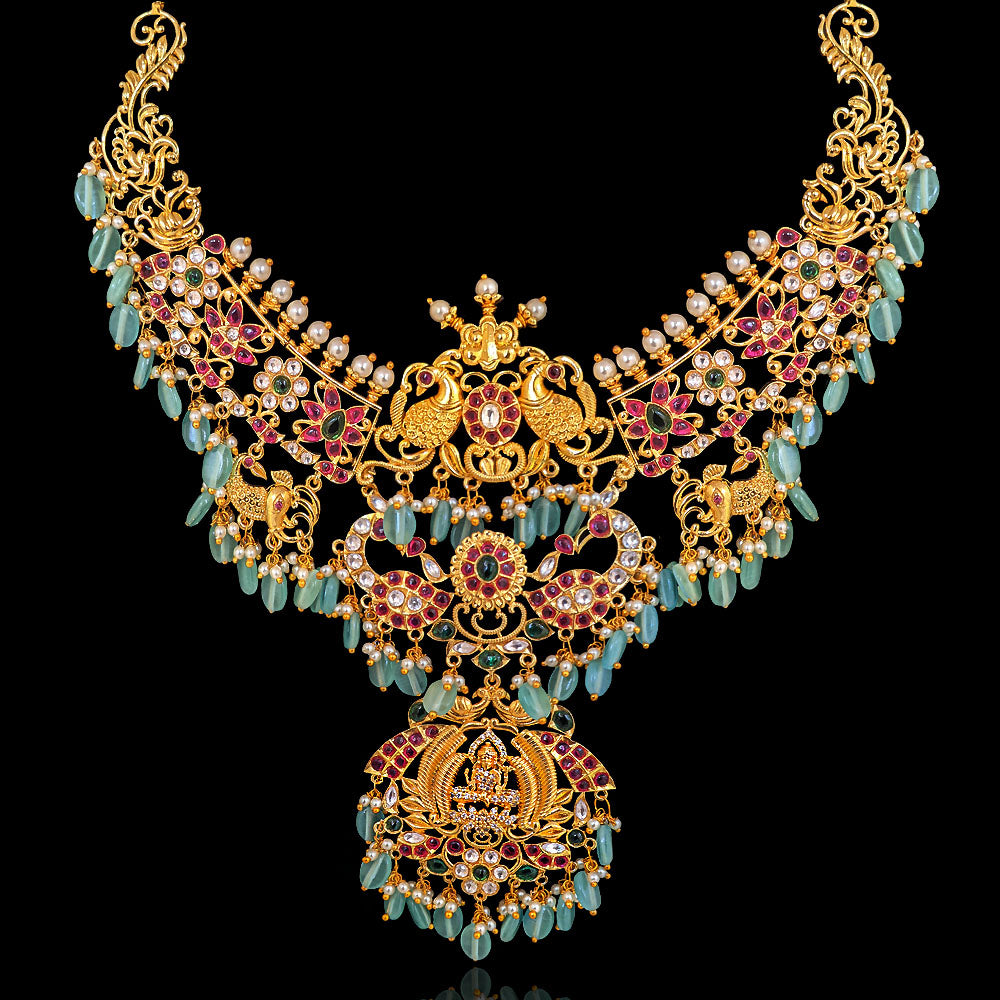 Traditional Indian Temple Necklace Design with Green Oval Drops