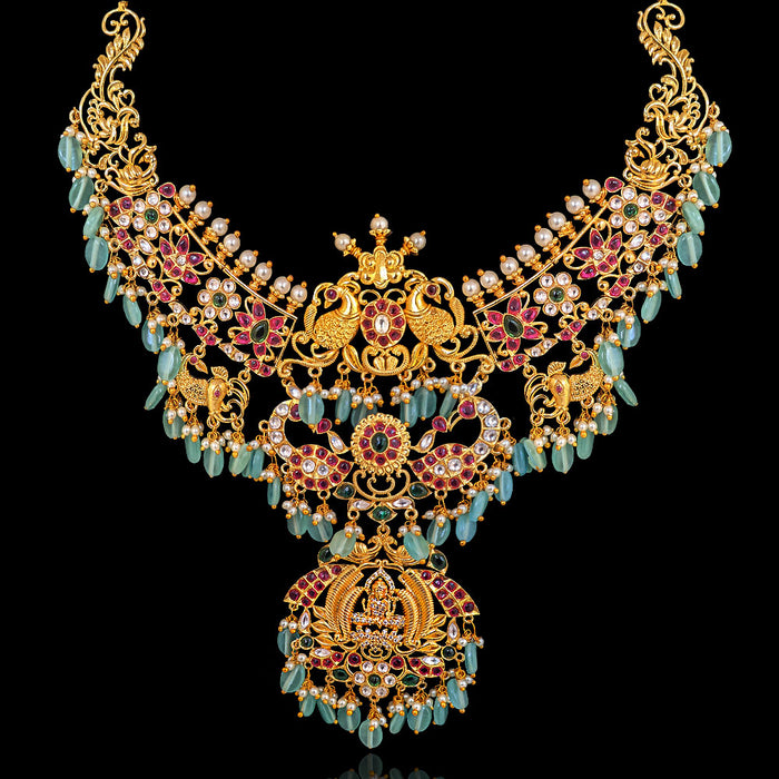 Traditional Indian Temple Necklace Design with Green Oval Drops