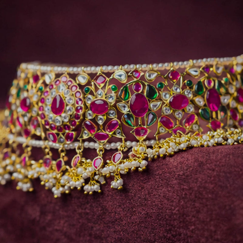 Traditional Ruby Emerald Polki Pearl Choker in 925 Silver Gold Polish