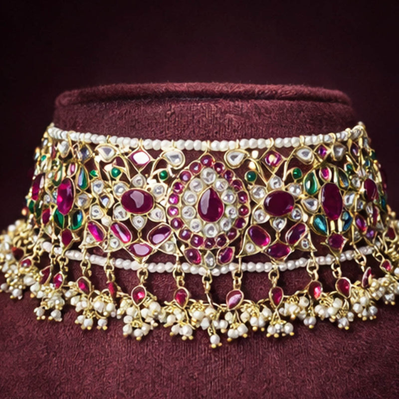 Traditional Ruby Emerald Polki Pearl Choker in 925 Silver Gold Polish