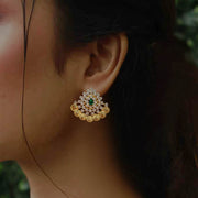 Traditional South Indian Lakshmi Kasu Coin Earrings with CZ Diamonds and Emerald Drop