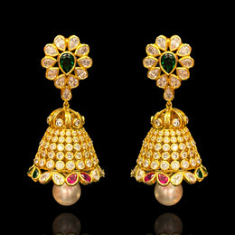 Traditional 18k Gold Polish Polki Look And Pearls Jhumka Earrings