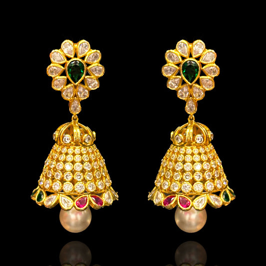 Traditional 18k Gold Polish Polki Look And Pearls Jhumka Earrings