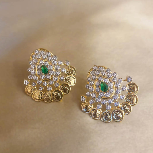 Traditional South Indian Lakshmi Kasu Coin Earrings with CZ Diamonds and Emerald Drop