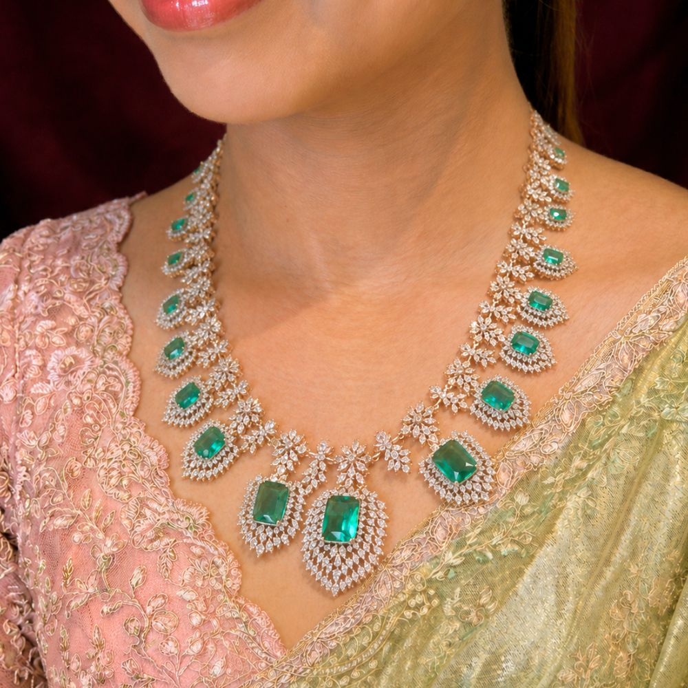 Diamond Look Long Haram Necklace Design with Emeralds
