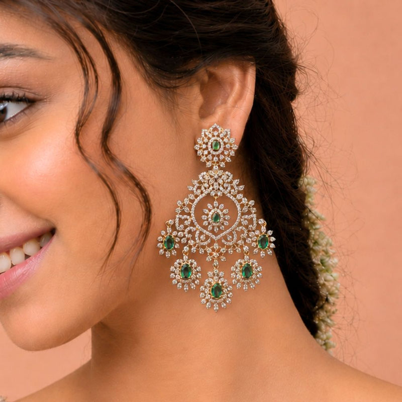 Emerald Diamond Look Bridal Chandelier Earrings in 92.5 Silver