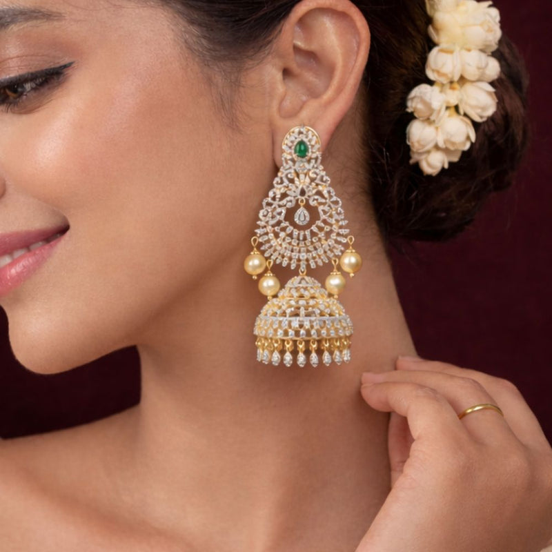 2 Way Wear Diamond Look CZ Jhumka Earrings with Emerald Pearl Drop
