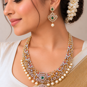Emerald Pearl Diamond Floral Necklace + Earrings  in Gold Finish