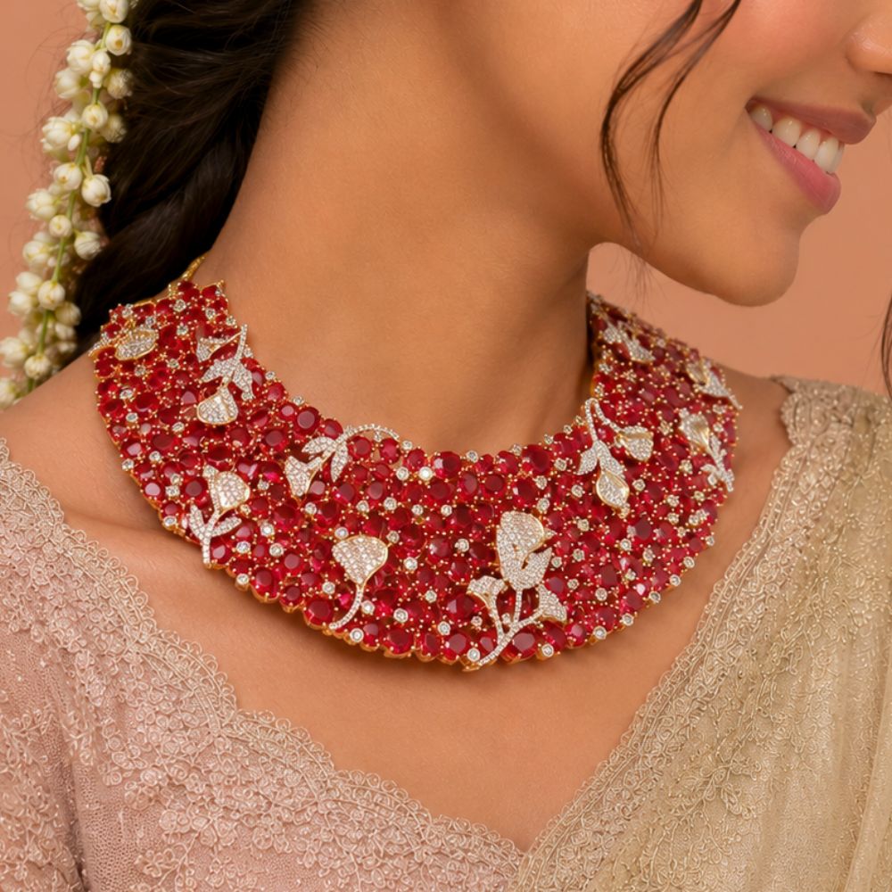 Ruby Red CZ Floral Statement Necklace - Sterling Silver Jewelry