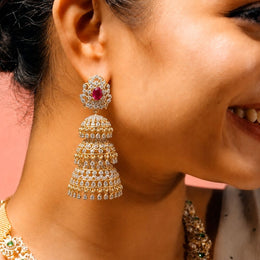 Detachable CZ Diamond Ruby Look Multi-Layer Bridal Jhumka Earrings in Gold Polish
