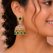 Regal Emerald Dome Jhumka Earrings with CZ Diamonds
