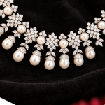 Pearl Drop Floral CZ Necklace in 92.5 Silver with White Stones