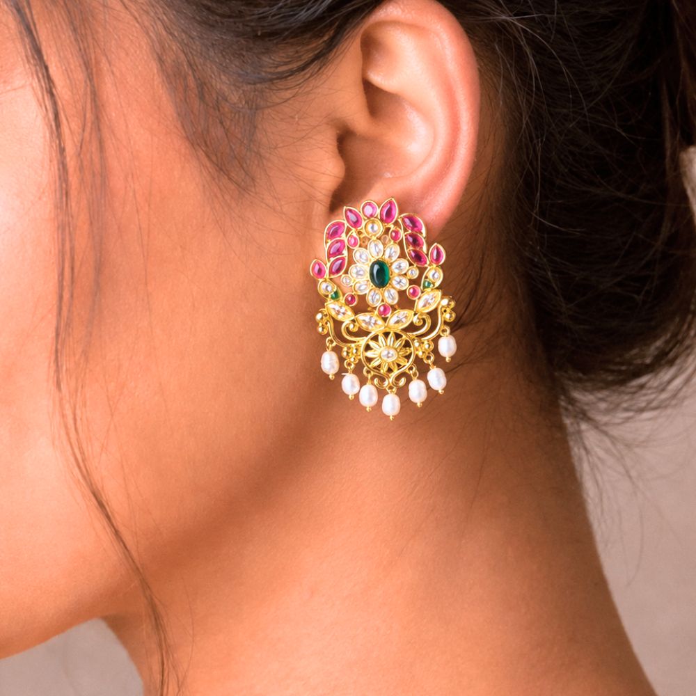 South Indian Ruby Emerald CZ Polki Pearl Drop Earrings in 925 Silver