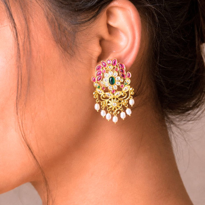 South Indian Ruby Emerald CZ Polki Pearl Drop Earrings in 925 Silver