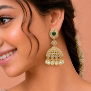 Grand Emerald Square Top Jhumka Earrings with Pearl Drops