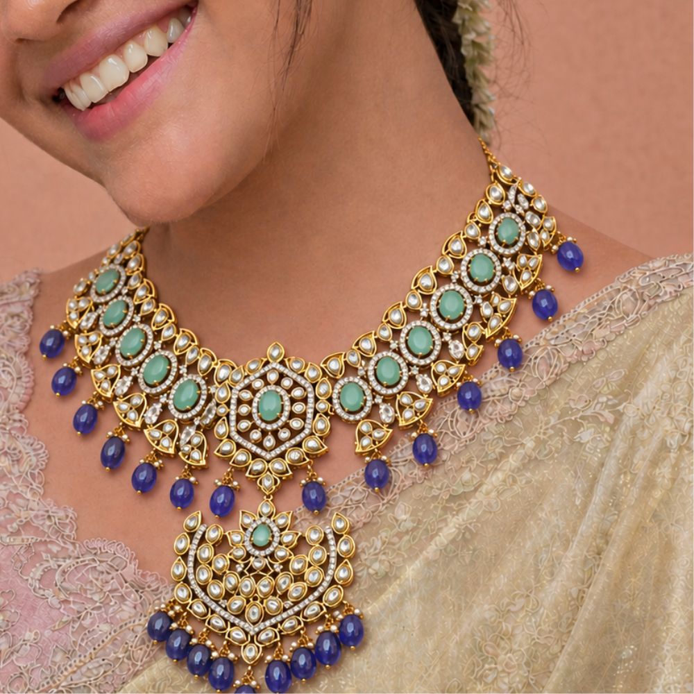 Polki Look Emerald Blue Bead Bridal Necklace | Gold Plated Wedding Jewellery
