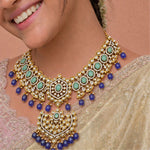 Polki Look Emerald Blue Bead Bridal Necklace | Gold Plated Wedding Jewellery

