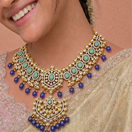 Polki Look Emerald Blue Bead Bridal Necklace | Gold Plated Wedding Jewellery
