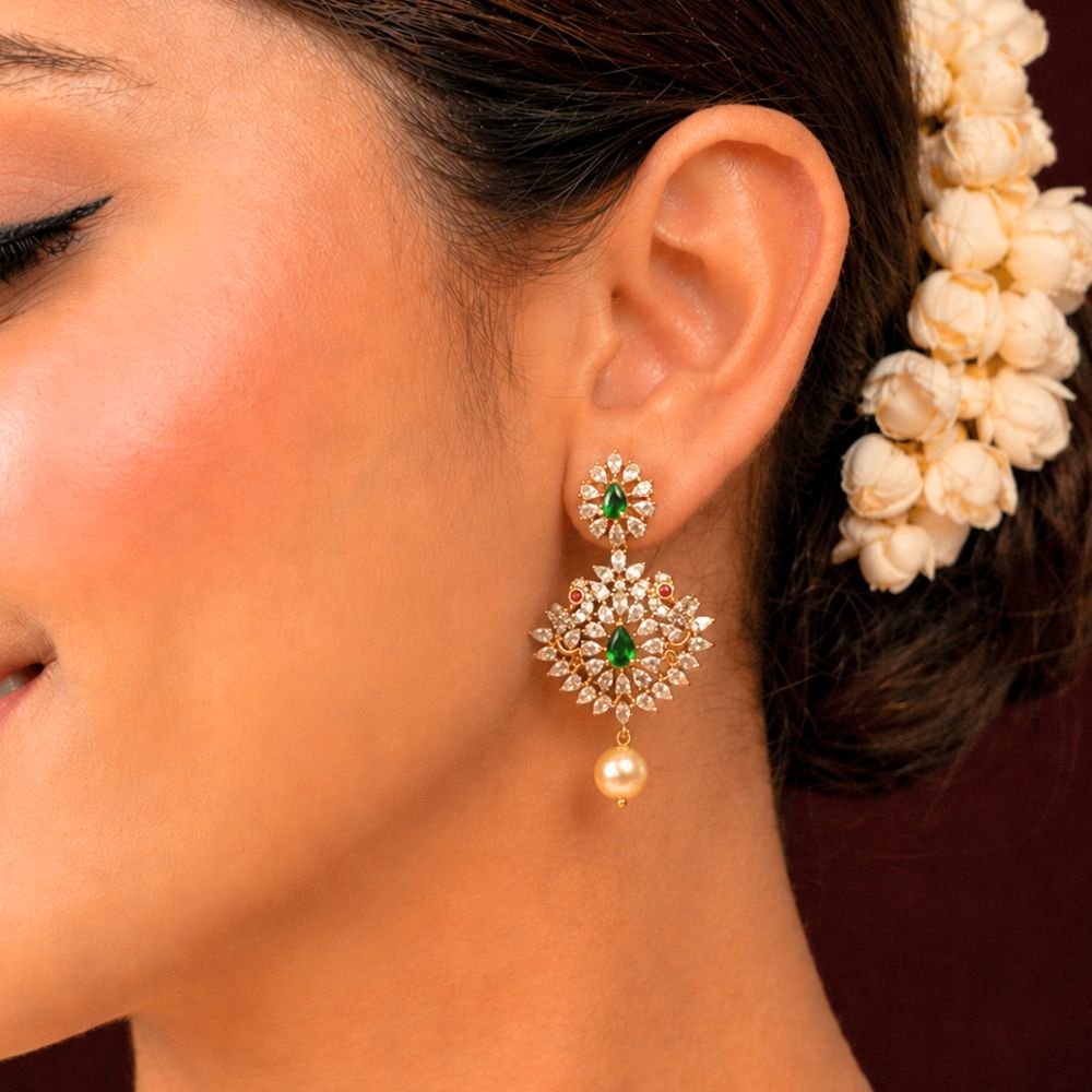 Statement Diamond Look Earrings with Green and Gold Accents