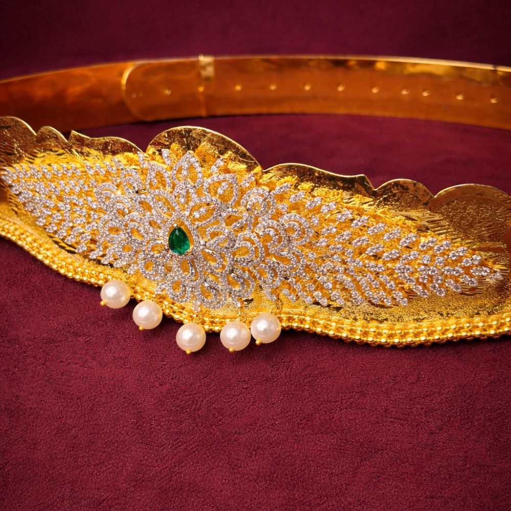 Delicate Nakshi Yellow Gold Polish Waist Belt Vaddanam Design

