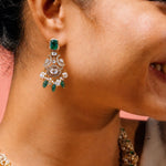 Emerald Green Polki Look Drop Earrings with Pearls in Gold Polish Design

