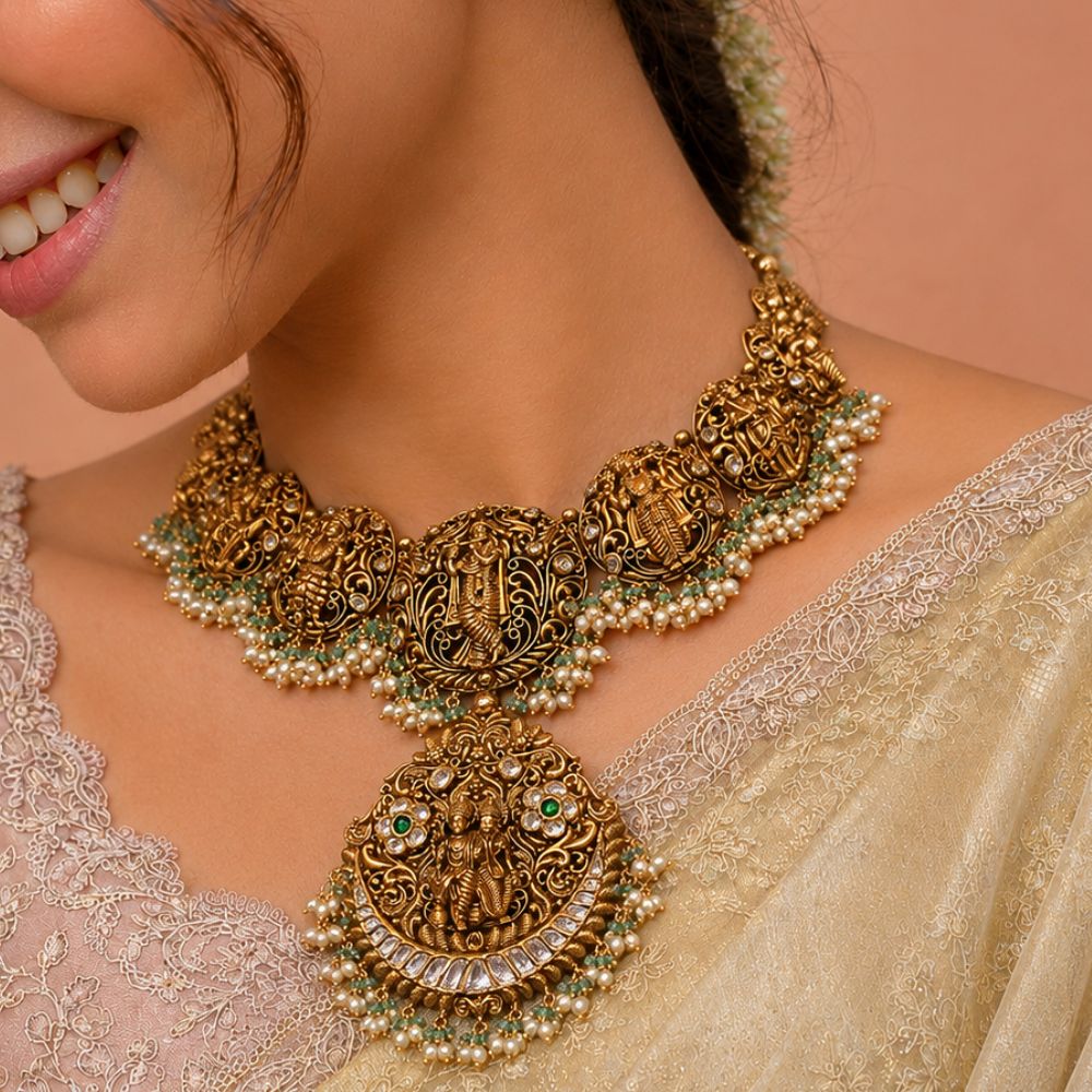 Antique Dasavatharam Necklace with Kundan and Pearl Detailing
