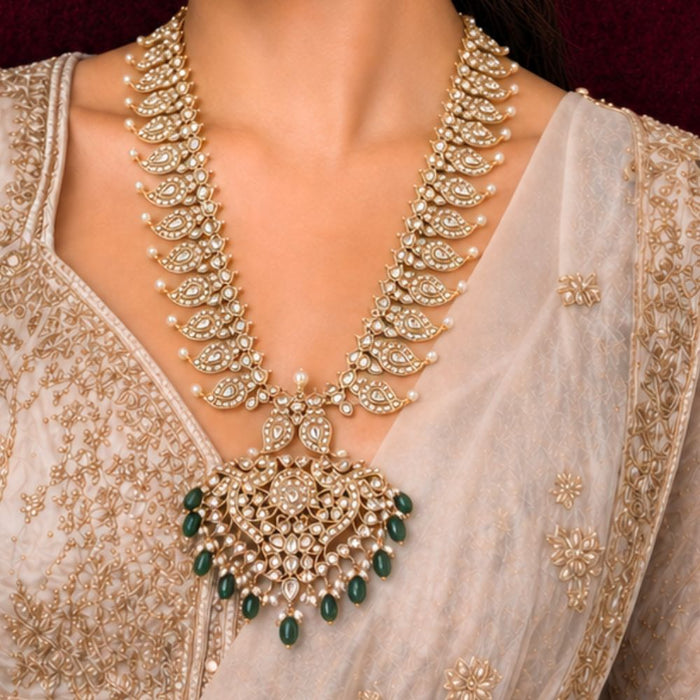 Pure Silver Gold Plated Mango Haram with CZ Stones and Green Drops