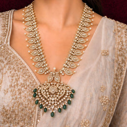 Pure Silver Gold Plated Mango Haram with CZ Stones and Green Drops