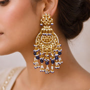 Royal Midnight Blue Polki Chandbali Earrings with Pearl and Bead Detailing
