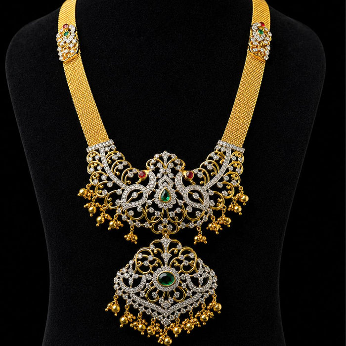 Exquisite Gold Plated Diamond Look Peacock Pendant Chain Haram