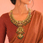 Pure Silver Gold Plated Bridal Haram with Temple Pendant and Green Drops