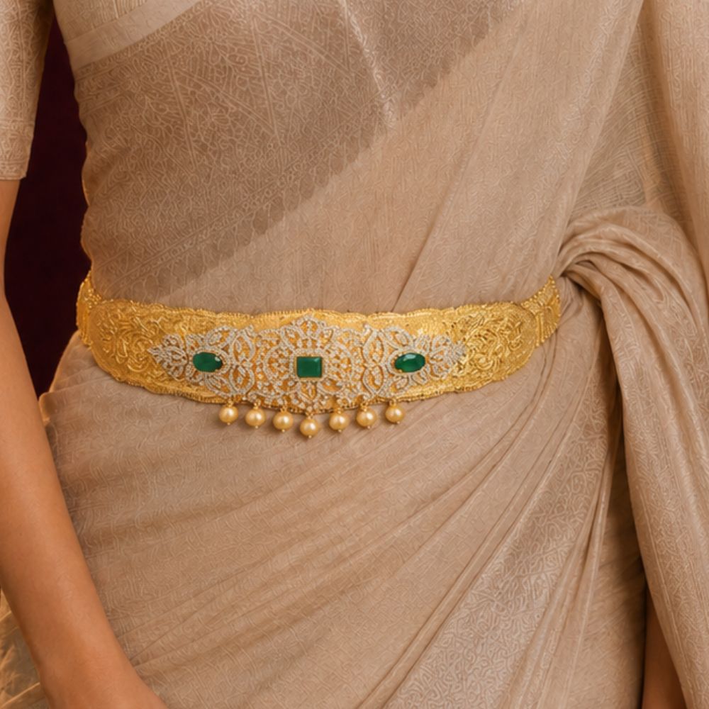 South Indian Bridal Waist Belt with Green Stones & CZ Work