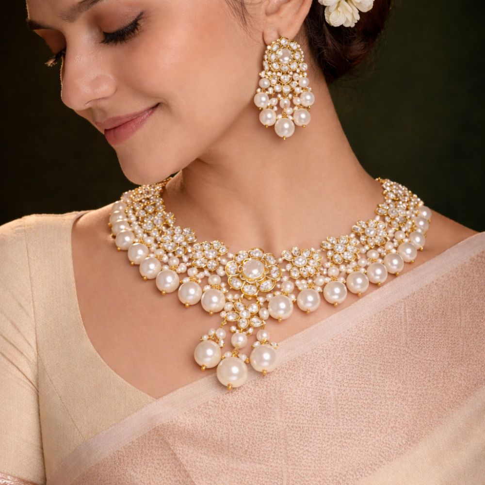 Gold Polki Diamond Look Pearl Drop Chandelier Earrings in 925 Silver