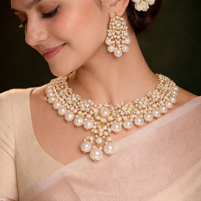 Polki Pearl Earrings Necklace Set