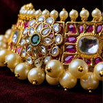 South Indian Pearl Choker Necklace in 925 Silver with Ruby Stones