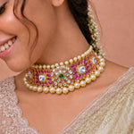 South Indian Pearl Choker Necklace in 925 Silver with Ruby Stones