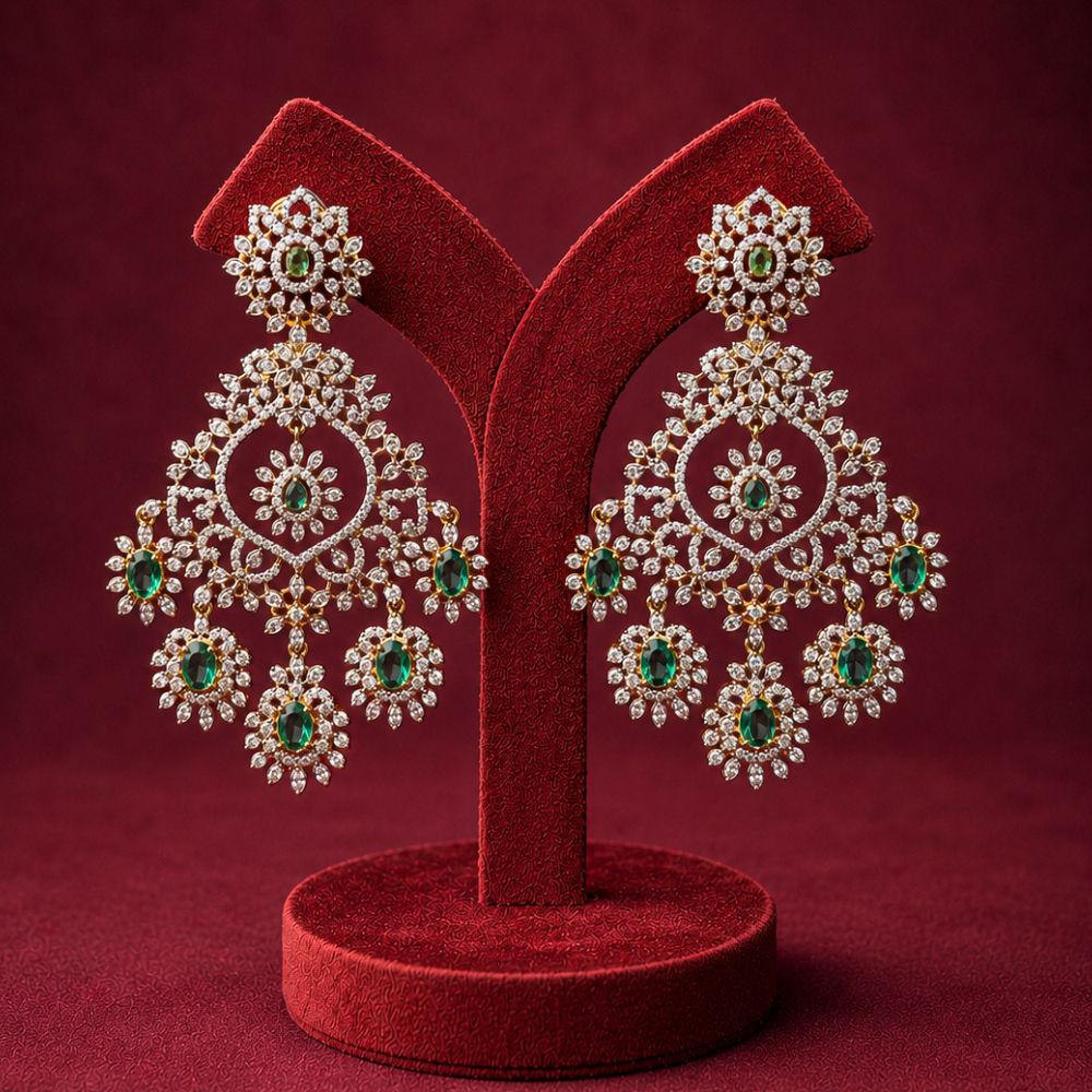 Emerald Diamond Look Bridal Chandelier Earrings in 92.5 Silver