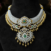 Grand Bridal Tussi Necklace with Peacock Motifs and Emerald Stones in 92.5 Silver