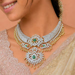 Grand Bridal Tussi Necklace with Peacock Motifs and Emerald Stones in 92.5 Silver