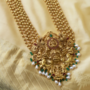 18K Gold Polished Lakshmi Temple Motif Pendant with Pearl Drops