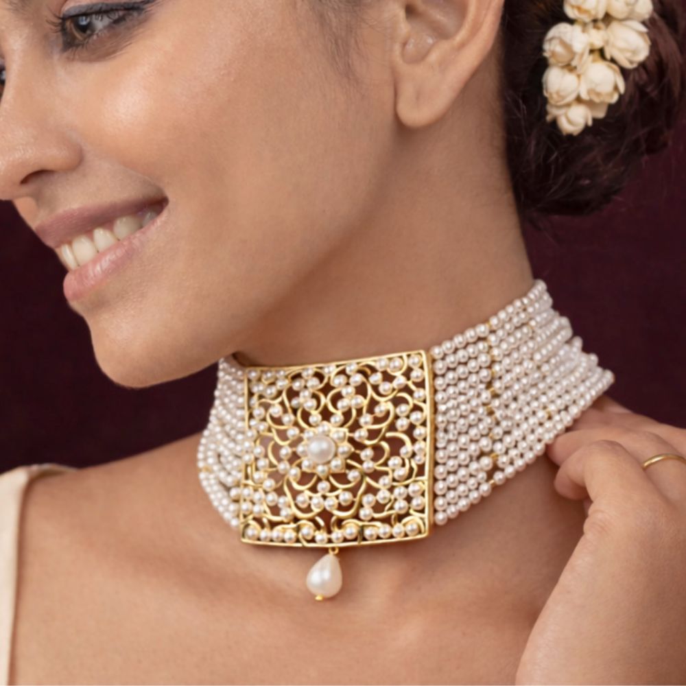 Pearl Choker with Gold Floral Centre & Drop Pearl Design