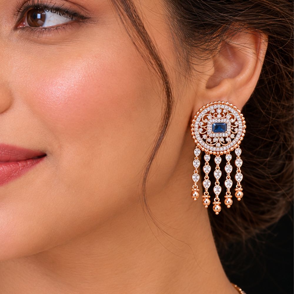 Royal Blue Stone Round CZ Tassel Earrings in Rose Gold Finish